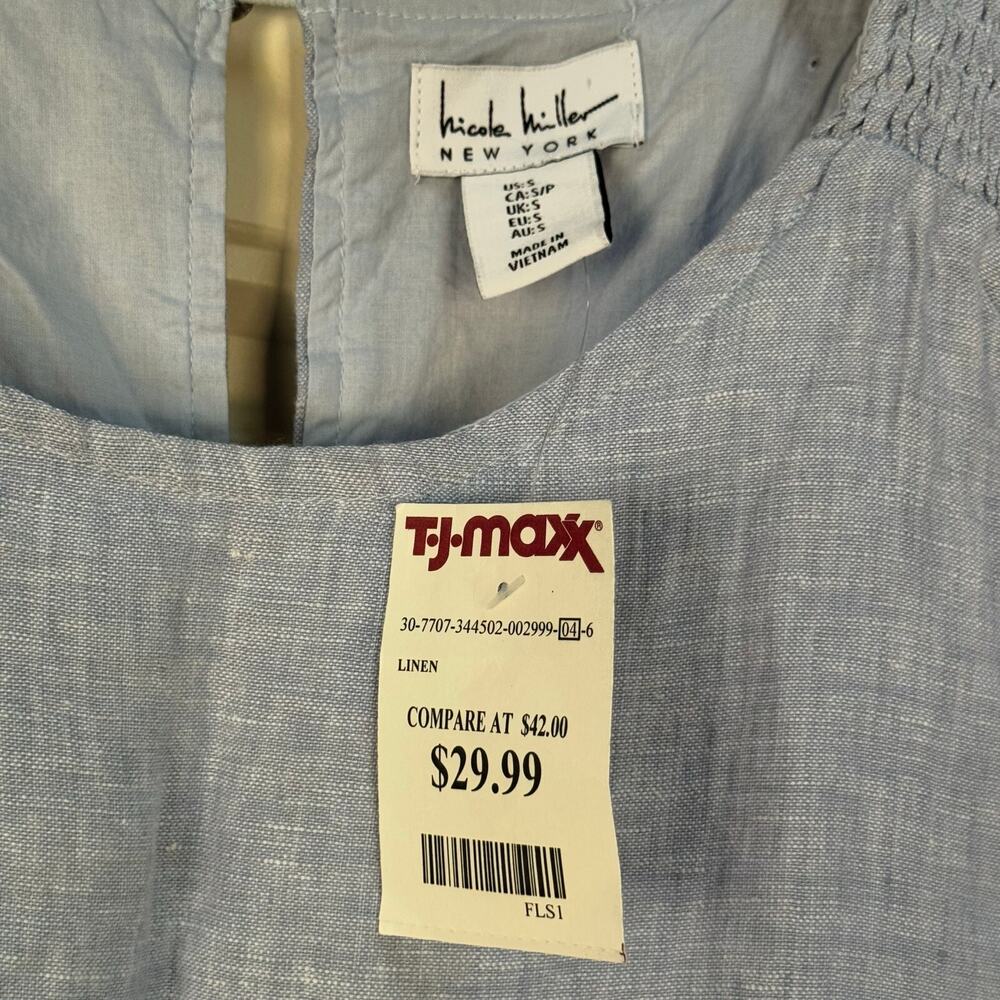 Nicole Miller Blue 100% Linen A-Line Dress Fully Lined Pockets Beach Summer Sz S